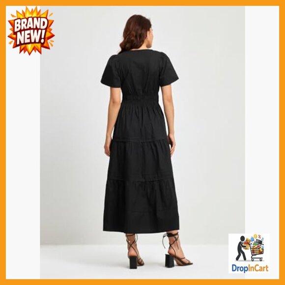 V-Neck Maxi Dress A-Line Casual Elegant Tiered Cotton Summer Midi - Picture 4 of 7